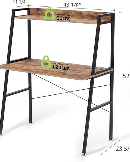 DESIGNA Small Computer Ladder Desk with Storage Shelves, 43 Inch 2-Tier Home Office Students Study Writing PC Gaming Table with Bookshelf Modern Workstation for Space Saving, Metal Frame, Rustic Brown - LeafyLoom
