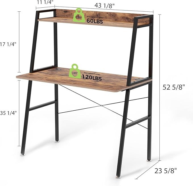 DESIGNA Small Computer Ladder Desk with Storage Shelves, 43 Inch 2-Tier Home Office Students Study Writing PC Gaming Table with Bookshelf Modern Workstation for Space Saving, Metal Frame, Rustic Brown - LeafyLoom
