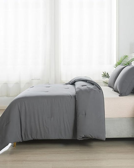 Dark Gray Comforter Set Full, Solid Grey Down Alternative Bedding Comforter Set, Breathable Fluffy Microfiber Comforter Full Size (79"x90") for All Seasons with Pillowcase - LeafyLoom
