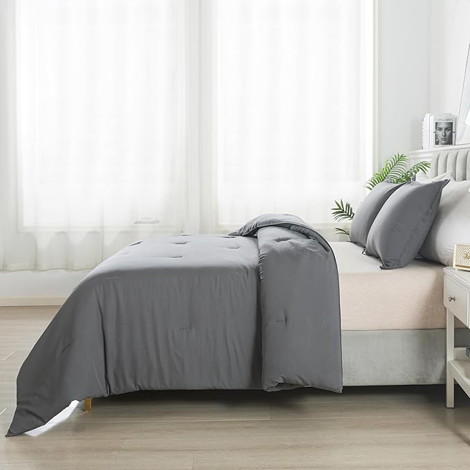 Dark Gray Comforter Set Full, Solid Grey Down Alternative Bedding Comforter Set, Breathable Fluffy Microfiber Comforter Full Size (79"x90") for All Seasons with Pillowcase - LeafyLoom