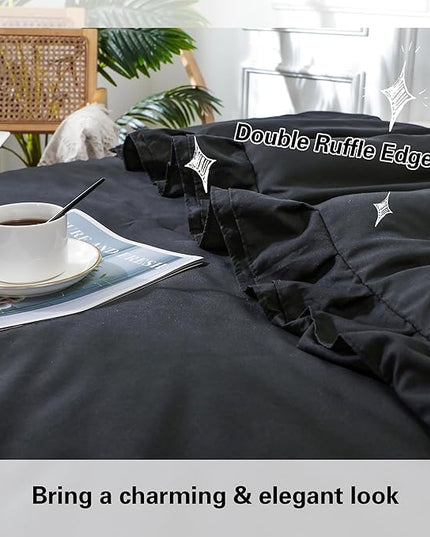 Black Double Ruffle Comforter Set King Size (104x90 Inch), 3 Pcs Farmhouse Vintage Comforter Set (1 Ruffled Comforter and 2 Pillowcase), Rustic All Season Down Alternative Bedding Set - LeafyLoom