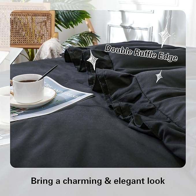 Black Double Ruffle Comforter Set Twin Size (66x90 Inch), 2 Pcs Farmhouse Vintage Comforter Set (1 Ruffled Comforter and 1 Pillowcase), Rustic All Season Down Alternative Bedding Set - LeafyLoom