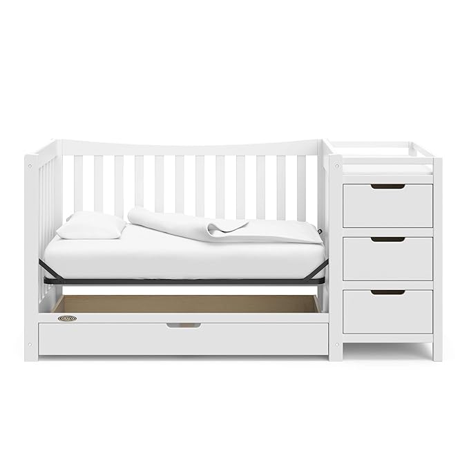 Graco Remi 4-In-1 Convertible Crib & Changer With Drawer (White) – GREENGUARD Gold Certified, Crib And Changing-Table Combo, Includes Changing Pad, Converts To Toddler Bed, Full-Size Bed - LeafyLoom