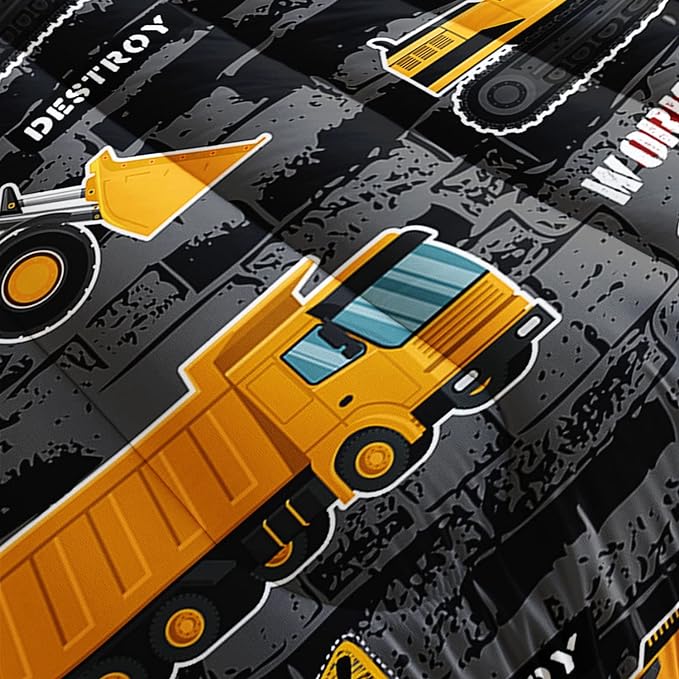 Datura home Kids Engineering Car Bedding Comforter Set Tractor Truck Printed Pattern with 1 and 2 Pillowcases for Boys Bedroom All Season(Truck2 Queen) Queen 90x90inches - LeafyLoom