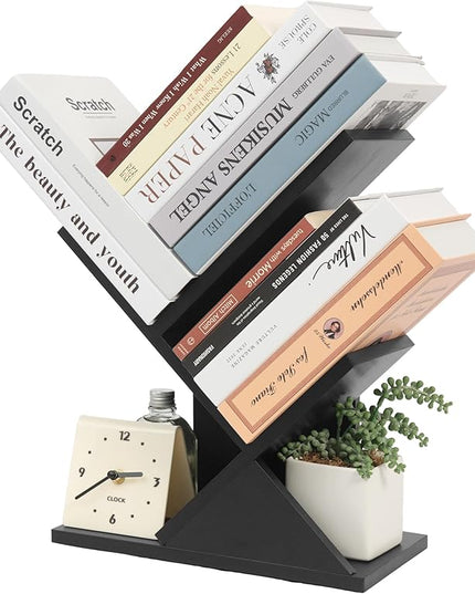 Labcosi 2 Tier Tree Bookshelf, Small Bookshelf for Storing Books/CDs, Wood Book Organizer Shelves for Home Office, Bedroom, Living Room, Black - LeafyLoom