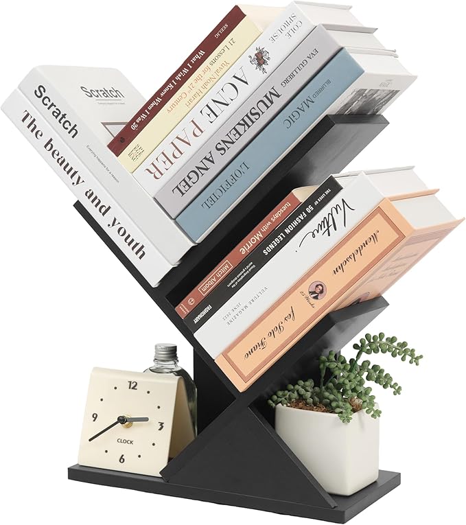 Labcosi 2 Tier Tree Bookshelf, Small Bookshelf for Storing Books/CDs, Wood Book Organizer Shelves for Home Office, Bedroom, Living Room, Black - LeafyLoom