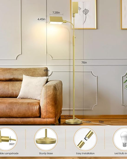 Stepless Dimmable Floor Lamp, Modern Reading Floor Lamp with Adjustable Metal Gooseneck, Standing Lamp for Living Room Bedroom Office Home Decor, 9W E26 Base Bulb Included(Gold) - LeafyLoom