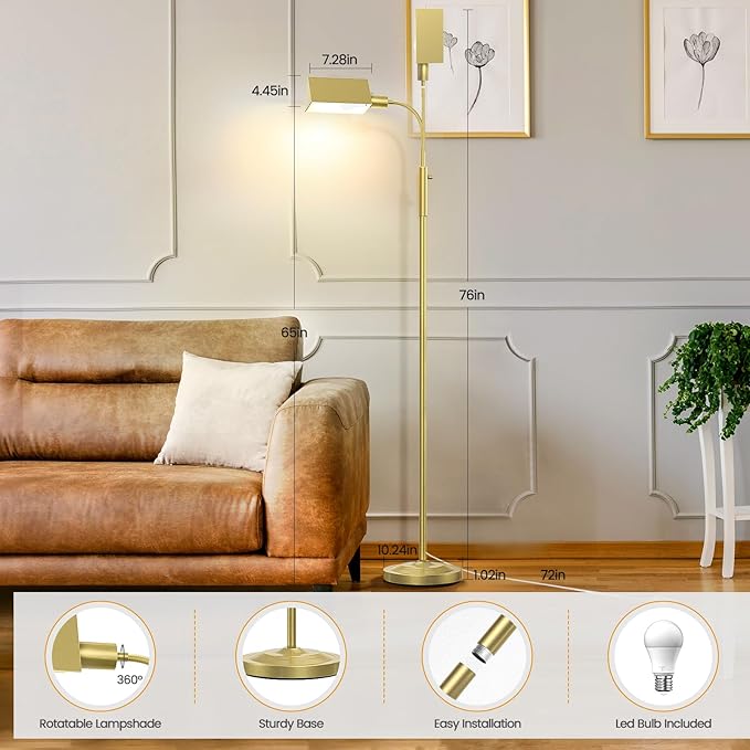 Stepless Dimmable Floor Lamp, Modern Reading Floor Lamp with Adjustable Metal Gooseneck, Standing Lamp for Living Room Bedroom Office Home Decor, 9W E26 Base Bulb Included(Gold) - LeafyLoom
