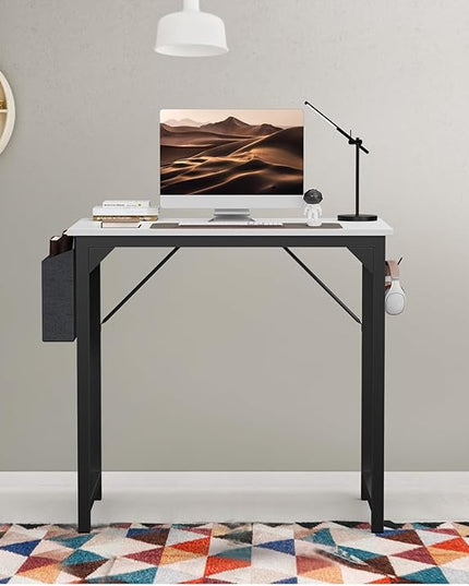 SMUG Computer Desk 32 Inch Home Office Writing Wood Storage Bag & Headphone Hook Small Spaces Simple Bedroom Work Study Kids Table, White - LeafyLoom