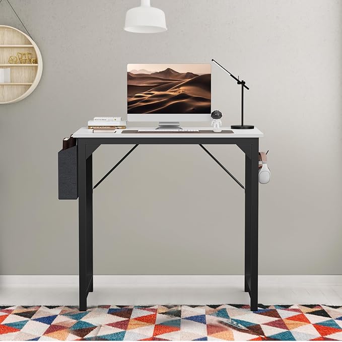 SMUG Computer Desk 32 Inch Home Office Writing Wood Storage Bag & Headphone Hook Small Spaces Simple Bedroom Work Study Kids Table, White - LeafyLoom