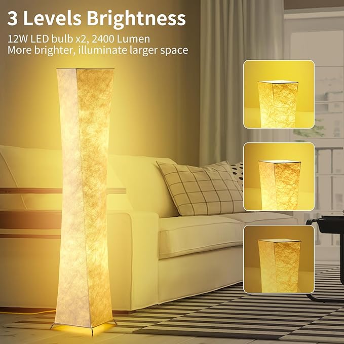 chiphy Floor Lamp, Dimmable 64" Tall Standing Lamp, 3 Levels Adjustable Brightness 12Wx2 LED Bulbs, Column Floor Light w/White Fabric Shade, Home Decor for Living Room, Bedroom, Kids Room - LeafyLoom