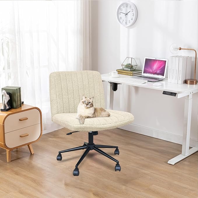 Criss Cross Chair with Wheels, Armless Cross Legged Office Desk Chair,Comfortable Swivel High Adjustable Wide Seat Chair for Home Office (Beige) - LeafyLoom