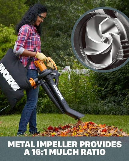 WORX WG505 TRIVAC 12 Amp 3-in-1 Electric Leaf Blower/Leaf Vacuum/Mulcher, Metal Impeller for Fine Mulching - LeafyLoom