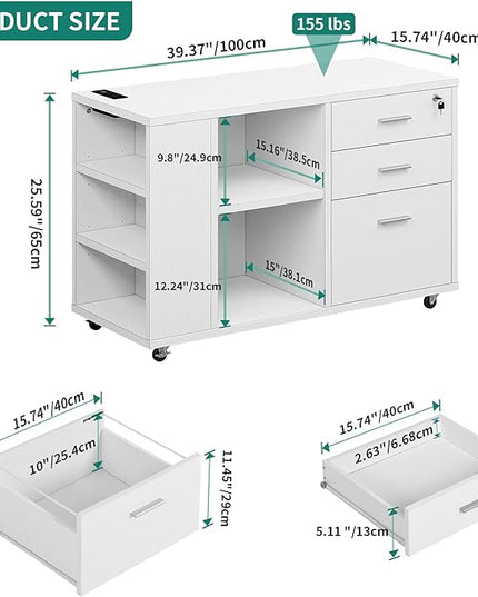 YITAHOME File Cabinet with Charging Station, Mobile Lateral Filing Cabinet with Lock for Home Office, Printer Stand with Open Storage Shelf, Fits A4, Letter, Legal Size Files, Office Furniture, White - LeafyLoom