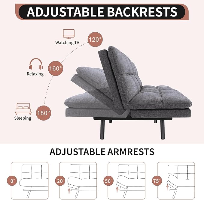 MUUEGM Futon Sofa Bed Convertible Memory Foam Sleeper Couch,Modern Loveseat for Living Room,Small Compact Space,Dorm,Office,Adjustable Armrests Backrest Sofabed, Linen Dark Grey - LeafyLoom