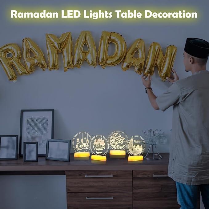 4 Pieces Ramadan Table Lights Eid Mubarak Decoration for Home Moon Star Castle LED Lights Ramadan Table Centerpiece Mubarak Gift for Muslims Islamic Holiday Eid Al Fitr Party Supplies - LeafyLoom