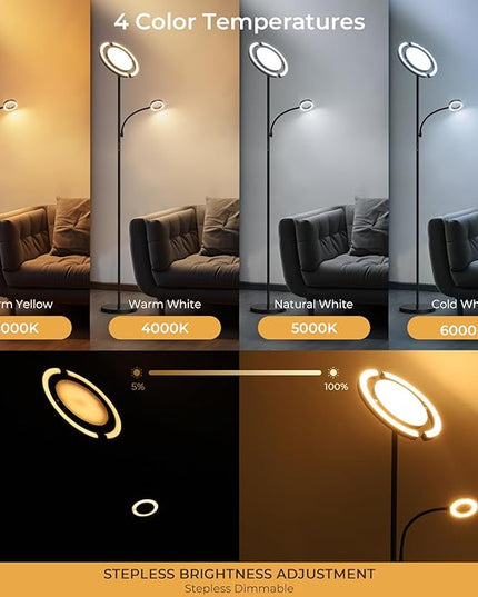 FIMEI 3 in 1 Floor Lamp, Modern Bright Standing Lamp with Split Rotatable Outer Ring Light and Small Reading Light, 4 Color Temperature and Dimmable, 3-Way Independent Control for Living Room Office - LeafyLoom