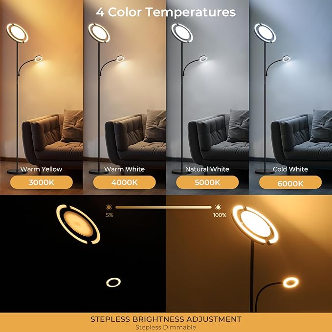 FIMEI 3 in 1 Floor Lamp, Modern Bright Standing Lamp with Split Rotatable Outer Ring Light and Small Reading Light, 4 Color Temperature and Dimmable, 3-Way Independent Control for Living Room Office - LeafyLoom