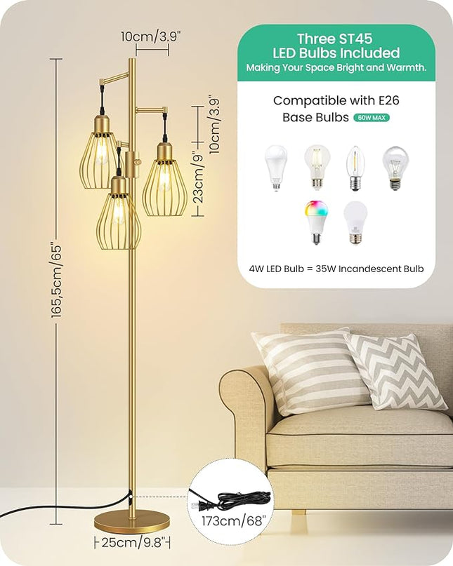 Farmhouse Dimmable Floor Lamp, Industrial Tall Standing Tree Lamp with 3 Elegant Teardrop Cage Heads, 4W 3 LED Bulbs Included, Rustic Standing Lamp for Living Room, Bedroom, Gold D02LD05 - LeafyLoom