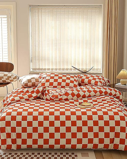 Orange White Grid Comforter Set Full Burnt Orange Plaid Bedding Set Girls Reddish and White Checkered Bed Comforter Set Breathable Blanket Set Kids Durable Bedding Comforter Set - LeafyLoom