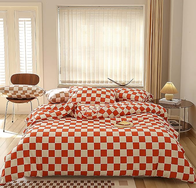 Orange White Grid Comforter Set Full Burnt Orange Plaid Bedding Set Girls Reddish and White Checkered Bed Comforter Set Breathable Blanket Set Kids Durable Bedding Comforter Set - LeafyLoom