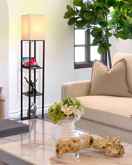Brightech Maxwell Charger - Modern Shelf Floor Lamp with USB Charging Ports & Electric Outlet - Corner Display Floor Lamps with Shelves for Living Room, Bedroom and Office - Havana Brown - LeafyLoom