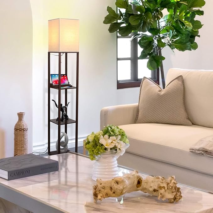 Brightech Maxwell Charger - Modern Shelf Floor Lamp with USB Charging Ports & Electric Outlet - Corner Display Floor Lamps with Shelves for Living Room, Bedroom and Office - Havana Brown - LeafyLoom