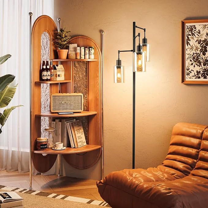 Farmhouse Floor Lamp for Living Room Bedroom, 3-Lights Floor Lamp with On/Off Foot Switch, Tall Pole Tree Standing Lamp Oil Rubbed Bronze with Amber Glass Shade, LED 3 Bulbs Included - LeafyLoom