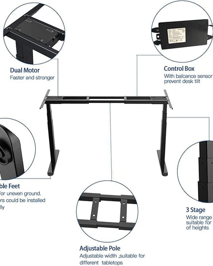 AIMEZO Standing Desk Frame, Dual Motor Electric Height Adjustable Sit Stand Desk Frame with 4 Memory Preset Button, USB Charging Port for Home Office (3 Tier Legs, Black) - LeafyLoom