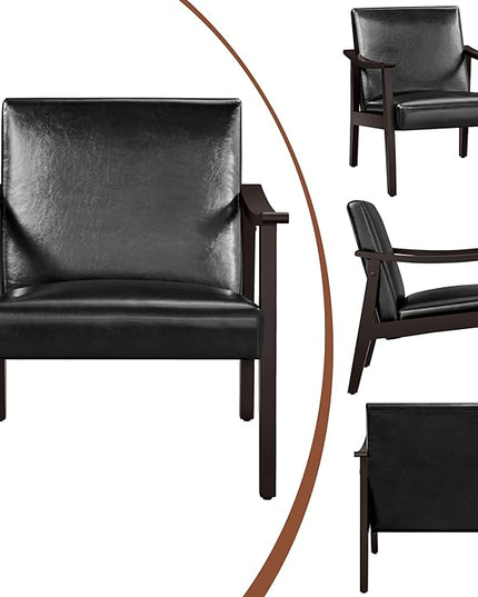 Yaheetech PU Leather Accent Chair, Mid-Century Modern Armchair with Solid Wood Legs, Reading Leisure Chair with High Back for Living Room Bedroom Waiting Room, Black - LeafyLoom
