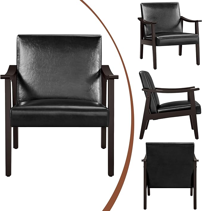 Yaheetech PU Leather Accent Chair, Mid-Century Modern Armchair with Solid Wood Legs, Reading Leisure Chair with High Back for Living Room Bedroom Waiting Room, Black - LeafyLoom