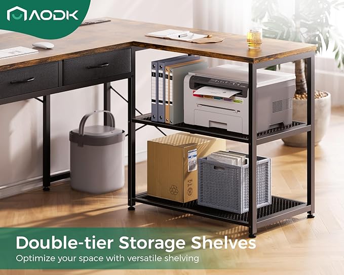 AODK 61 Inch L Shaped Computer Desk with Drawers, Corner Desk with Power Outlets & Reversible Storage Shelves, Movable CPU Stand for Home Office Gaming, Vintage - LeafyLoom