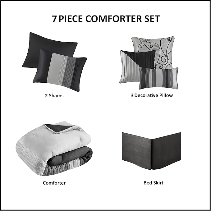 Madison Park Amherst Faux Silk Comforter Set-Casual Contemporary Design All Season Down Alternative Bedding, Matching Shams, Bedskirt, Decorative Pillows, King(104"x92"), Black, 7 Piece (MP10-226) - LeafyLoom
