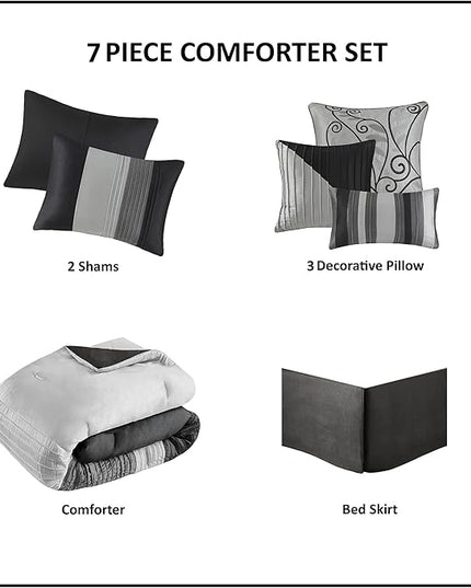 Madison Park Amherst Faux Silk Comforter Set-Casual Contemporary Design All Season Down Alternative Bedding, Matching Shams, Bedskirt, Decorative Pillows, Queen(90"x90"), Black, 7 Piece (MP10-225) - LeafyLoom
