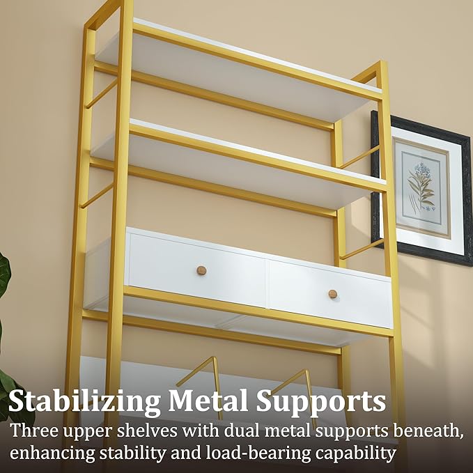 Bookshelf with Drawers- Widen Industrial Book Shelf with Bookend, 5 Tiers Tall Storage Shelves, Steel Frame Display Rack, Suitable for Bedroom, Office, Living Room-27'' Depth White - LeafyLoom