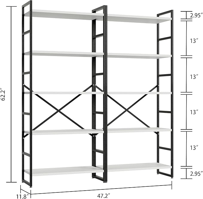 Shintenchi 2 Pieces 5 Tiers Bookshelf, Classically Tall Bookcase Shelf, Industrial Book Rack, Modern Book Holder in Bedroom/Living Room/Home/Office, Storage Rack Shelves for Books/Movies-White - LeafyLoom
