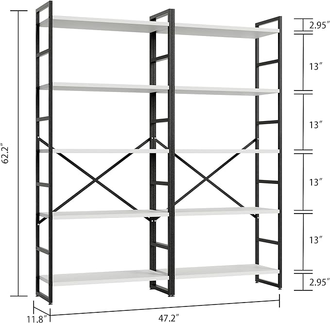 Shintenchi 2 Pieces 5 Tiers Bookshelf, Classically Tall Bookcase Shelf, Industrial Book Rack, Modern Book Holder in Bedroom/Living Room/Home/Office, Storage Rack Shelves for Books/Movies-White - LeafyLoom