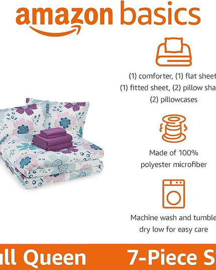 Amazon Basics 7 Piece Microfiber Kid's Bed-in-a-Bag Bedding, Full/Queen, Bluish Flowers, Floral - LeafyLoom