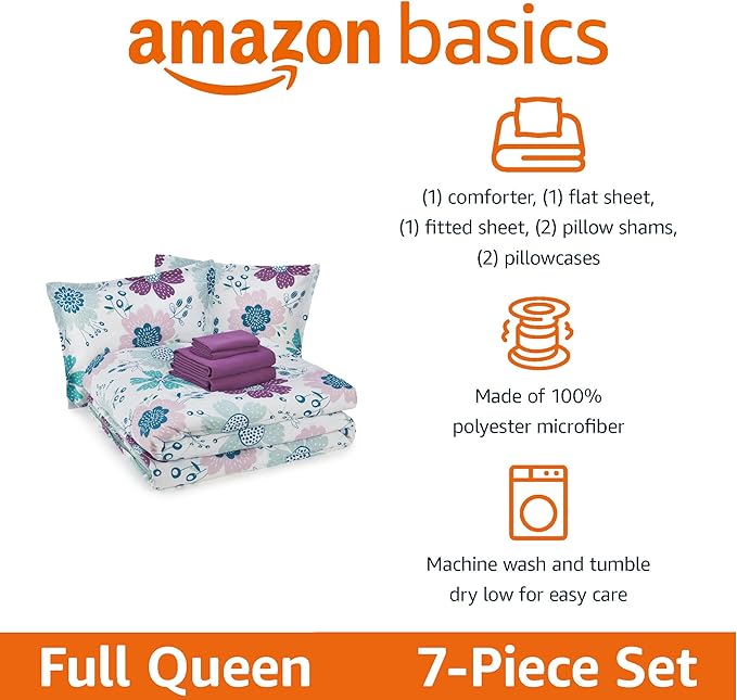 Amazon Basics 7 Piece Microfiber Kid's Bed-in-a-Bag Bedding, Full/Queen, Bluish Flowers, Floral - LeafyLoom