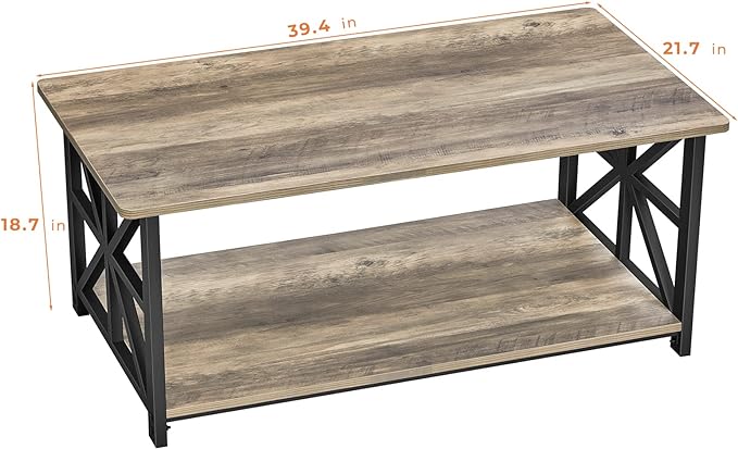 GreenForest Coffee Table for Living Room with Round Corners Farmhouse Style Center Table with Storage Shelf 39 Inch Space Saving Easy Assembly Gray Wash - LeafyLoom
