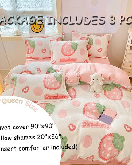 MorroMorn Pink Duvet Cover Queen, Strawberry Bedding Sets, Fluffy Comforter Covers Set, Down Alternative Blanket Ultra Soft Kawaii Cute for Girls Kids Teen Women Full Double Size - LeafyLoom