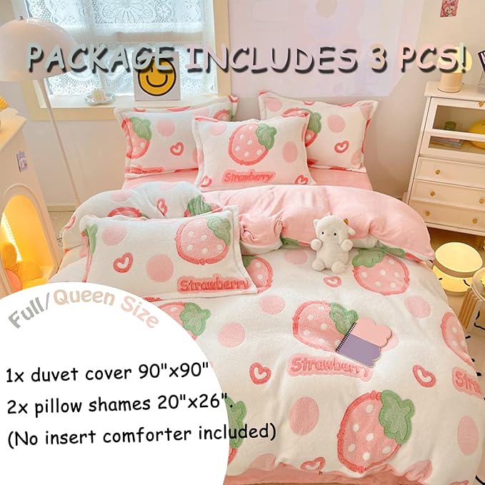 MorroMorn Pink Duvet Cover Queen, Strawberry Bedding Sets, Fluffy Comforter Covers Set, Down Alternative Blanket Ultra Soft Kawaii Cute for Girls Kids Teen Women Full Double Size - LeafyLoom