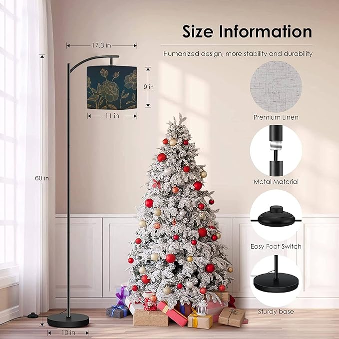 Modern Arc Floor Lamp with Dimmer Mid Century art deco luxury flower roses line golden Hand drawn for packaging Metal Standing Lamp with Linen Shade Footswitch for Living Room Bedroom Office - LeafyLoom
