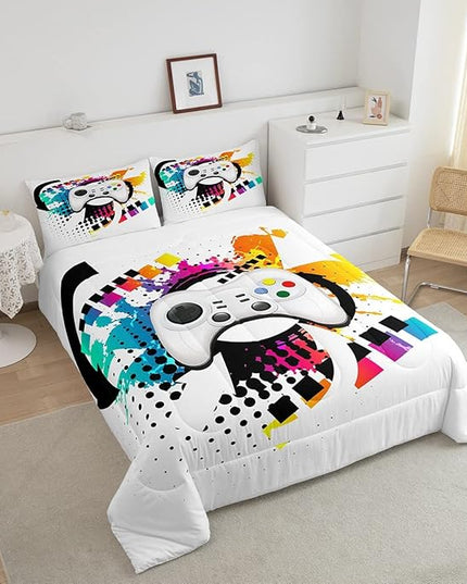 Kids Gaming Comforter Set Full Gamer Bedding Set, Modern Console Game Controller Duvet Set For Boys Girls Teens, White Gamepad Quilt Set, Tie Dye Colorful Comforter Set Grey White Soft Bedding Set - LeafyLoom