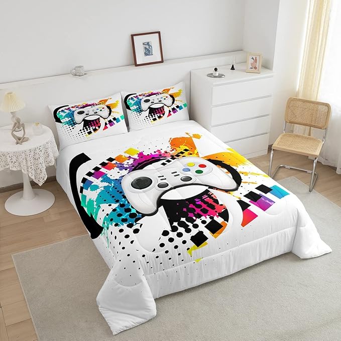 Kids Gaming Comforter Set Full Gamer Bedding Set, Modern Console Game Controller Duvet Set For Boys Girls Teens, White Gamepad Quilt Set, Tie Dye Colorful Comforter Set Grey White Soft Bedding Set - LeafyLoom