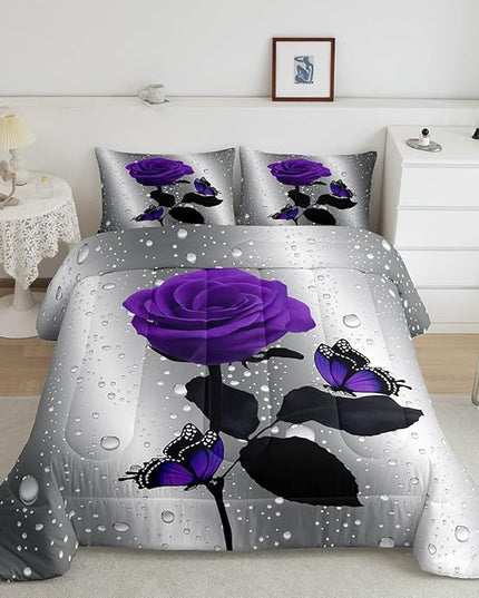 3D Rose Comforter Set Rose Floral Print Bedding Set Romantic Flowers Comforter for Kids Boys Girls Children Teens Bedroom Decor Purple Rose Butterfly Duvet Set King Size Quilt Set With 2 Pillow Case - LeafyLoom
