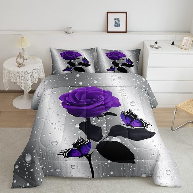 3D Rose Comforter Set Rose Floral Print Bedding Set Romantic Flowers Comforter for Kids Boys Girls Children Teens Bedroom Decor Purple Rose Butterfly Duvet Set King Size Quilt Set With 2 Pillow Case - LeafyLoom