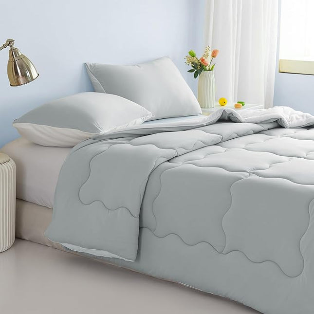 COTTEBED Ultra-Soft Reversible Comforter Set Twin Sized, Jersey Knit T-Shirt Feel Lightweight Cozy Bedding Blanket Quilt for Boy Kids Girl School College Dorm All Season(Twin/TwinXL Light Grey White) - LeafyLoom