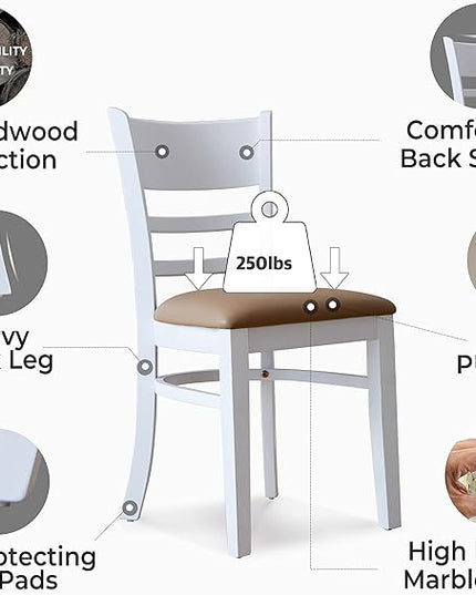 Livinia Cabin Dining Chair Set of 2, Solid Malaysian Oak PU Leather Upholstered Cushion Seat Wooden Ladder Back Side Chairs (White) Assembly Required - LeafyLoom