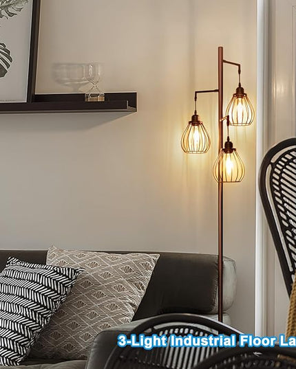 Lakumu Floor Lamp for Living Room, Brown Floor Standing Lamp with 3 Elegant Teardrop Cage Heads & ST58 4W 2700K Edison LED Bulbs, Sturdy Base Tall Vintage Pole Light, Rustic Floor Lamp for Bedroom - LeafyLoom